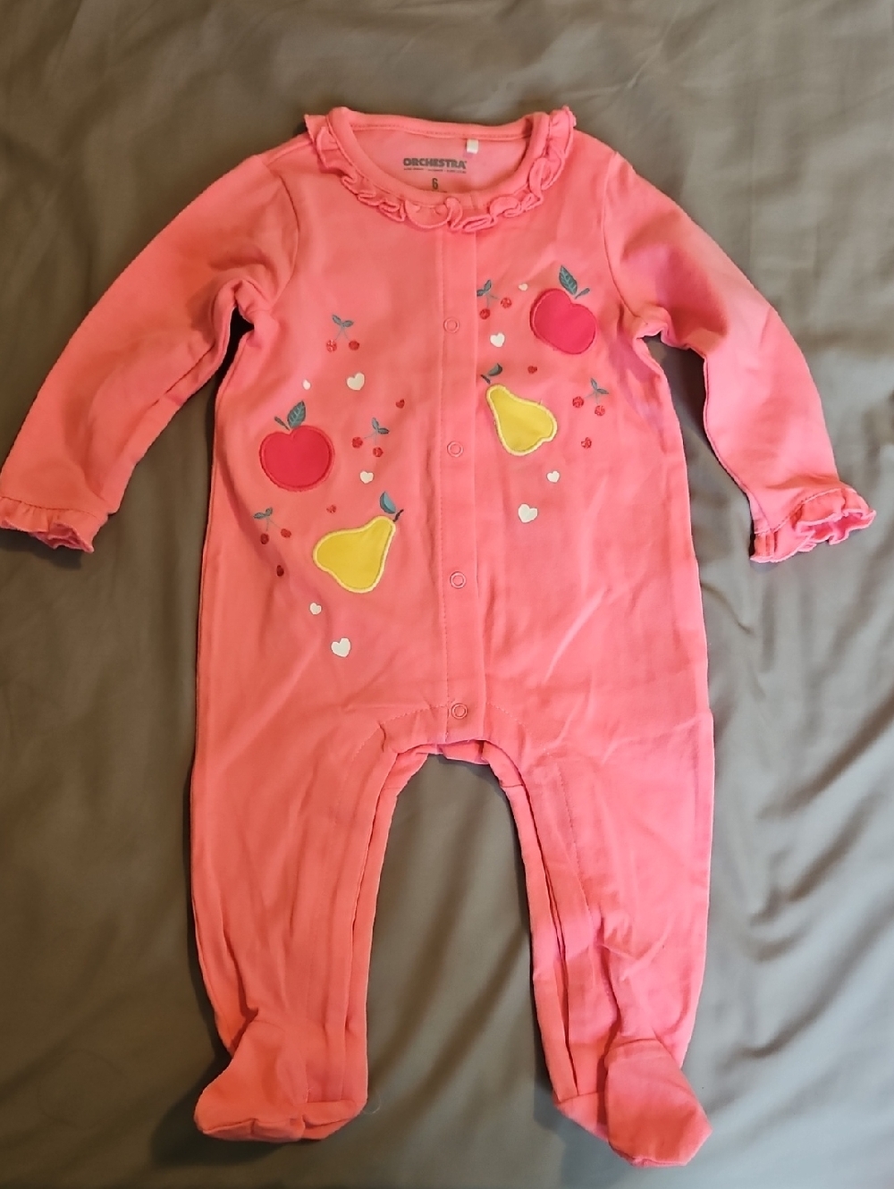 Coral Pink Fruit Long-Sleeve Footed One-Piece 6m